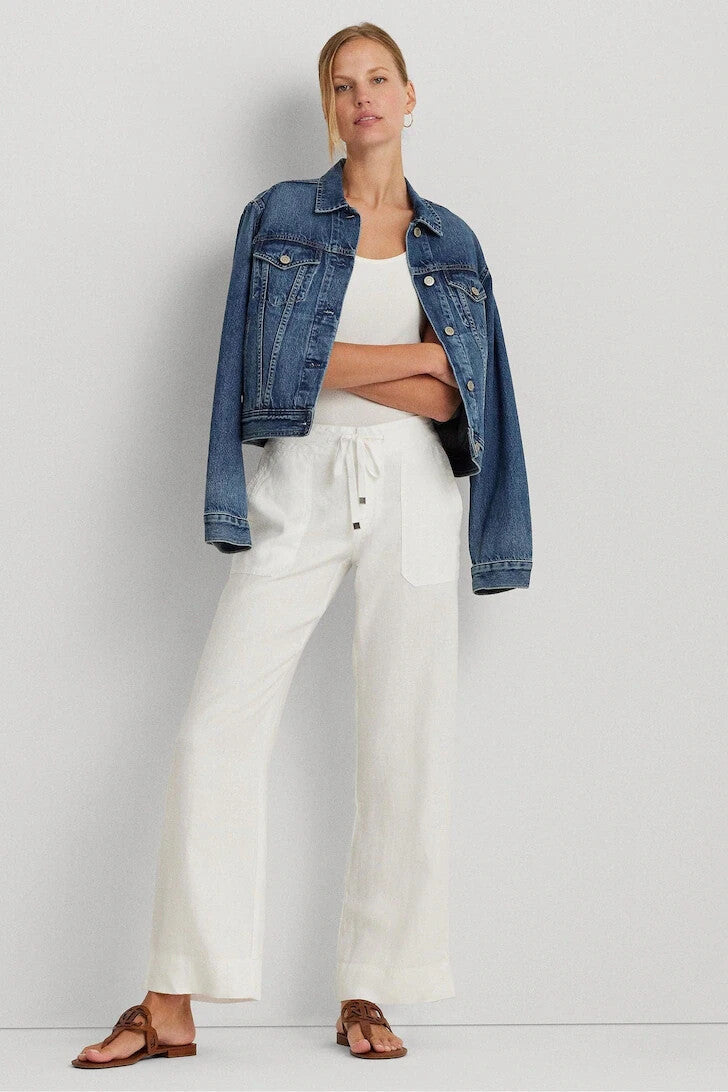 Lauren Ralph Lauren White Jovon Linen Wide Leg Trousers Linen Pants Size 20W